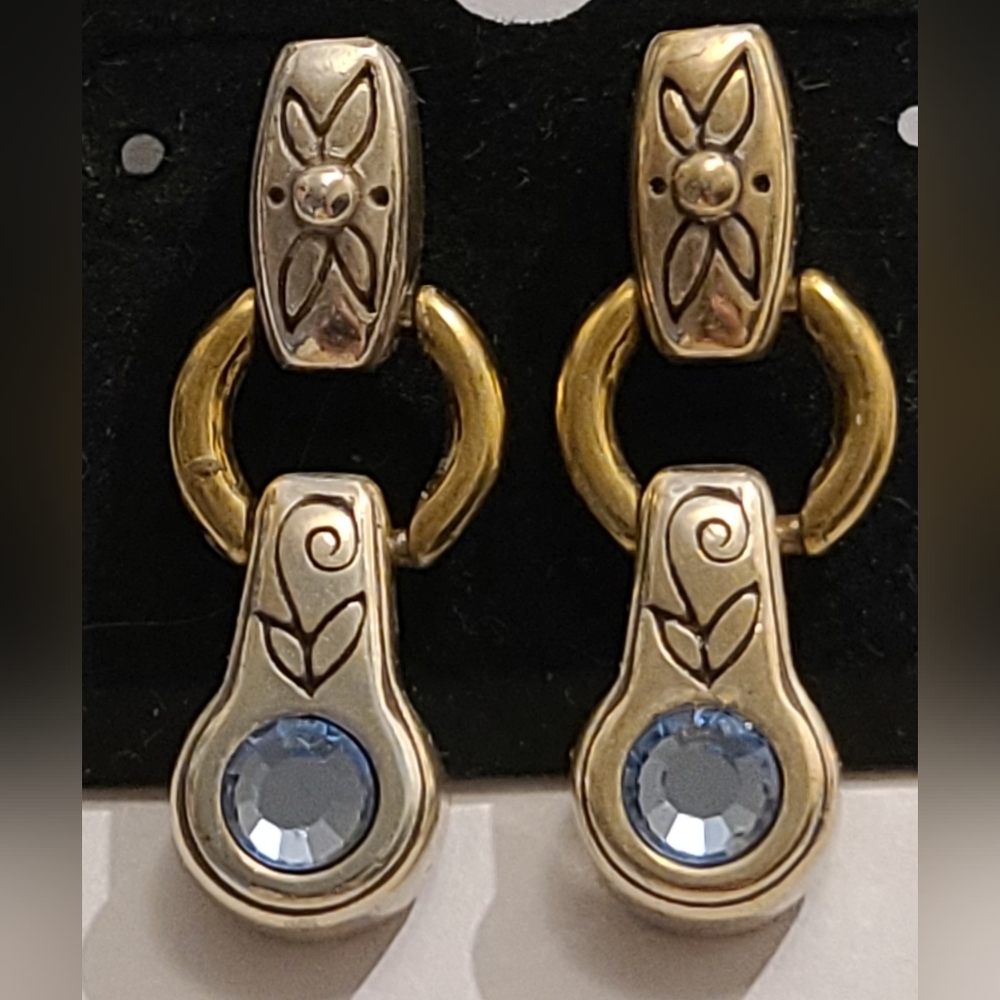 VINTAGE BRIGHTON SILVER & GOLD BLUE TOPAZ RHINESTONE POST EARRINGS